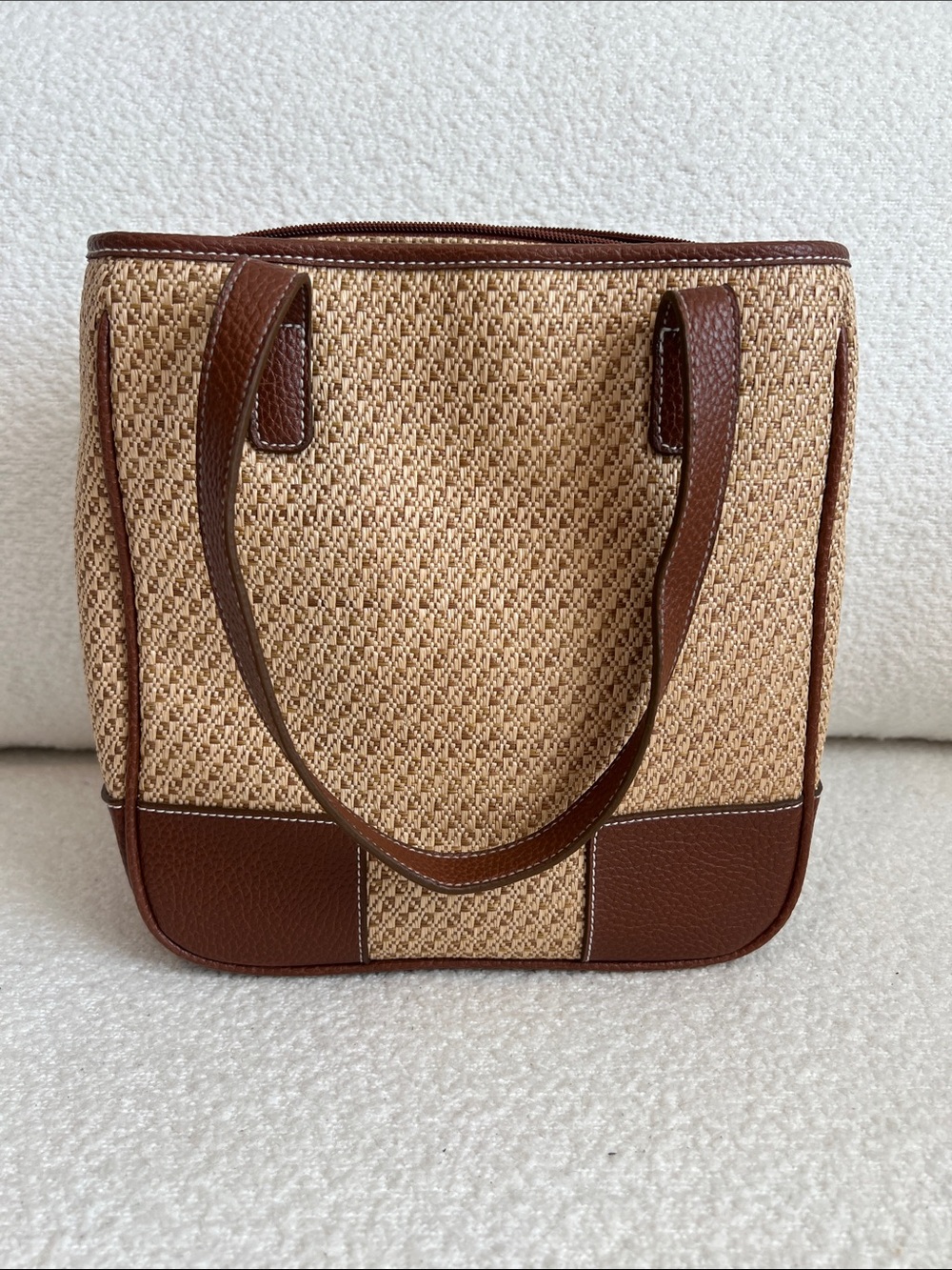 Jaclyn Smith Woven Fabric Shoulder Bag with Brown Leather Trim